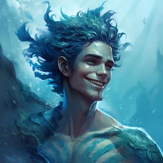 Art de la fantasy, souriant, idiot, merpersonnage masculin à la peau bleue.