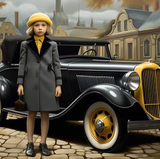 little girl retro 1950 elegantly three-piece suit in the style of peaky blinders retro car full-length mark ryden and ray