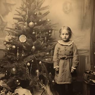 a photograph Christmas tree vintage big, girl standing in front of a christmas tree