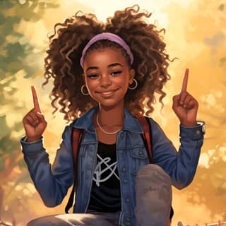 a realistic illustration of a medium-sized thirteen-year-old African American little girl holding up the peace sign she has