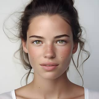 a realistic smiling Israeli top model some freckles dark hair pulled back smooth skin full lips with close up on the lips