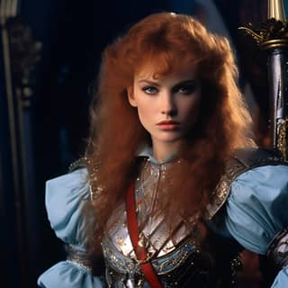 1983年的黑暗奇幻电影中，穿着华丽服饰的红发女武士挺立在那里，手持一把斧头，昂首挺胸地站着。