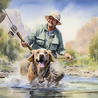 Art aquarelle d'un vieil homme et d'un Labrador jaune qui pêchent à la mouche dans l'ouest.