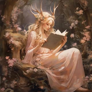 一位拥有金发、鹿角和头发上缀满鲜花的美丽女人在桃花林中阅读。
