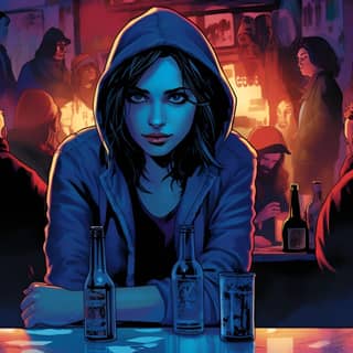 Blend of comic book art and line art in full colors ana de armas wearing a blue hooide is standing inside a bar and few guys