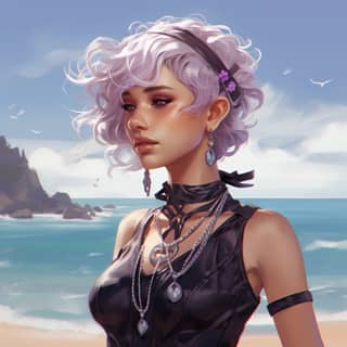 DND character cleric girl in ocean setting black leather fashion headband hairpiece with silver and amethyst short