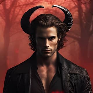 Fantasy character A handsome muscular male in his thirties with a single pair of horns Dressed all in black Magic in shades