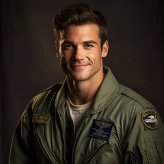 Beau homme américain aux cheveux couleur noix, à la mâchoire carrée, aux yeux châtaigne et au sourire juvénile vêtu d'une combinaison de vol d'aviateur naval.