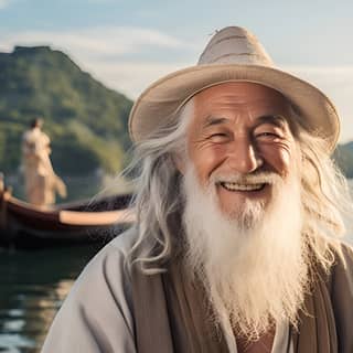 Homem chinês idoso de alta definição com barba branca em um barco.