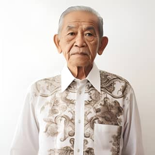 Foto naturale a mezzo busto di un uomo indonesiano di 80 anni che indossa il batik.