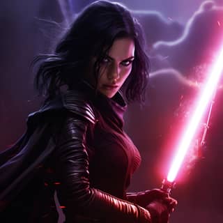 سيدة السيث في حروب النجوم، تحمل سيف ضوء بنفسجي بتأثيرات واقعية سينمائية، مع تدفق الكهرباء حول الشفرة وجمرات نارية في الخلفية.