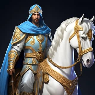 Sultan vêtements turcs sur une icône de cheval blanc avec un éclairage dramatique et des couleurs vibrantes.