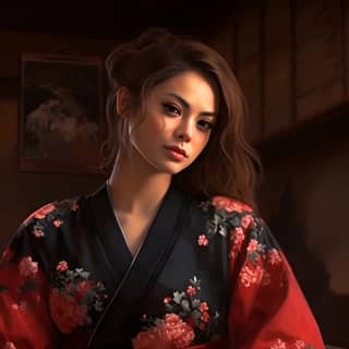 alisa chung in fantasy samurai black and red refined kimono in medieval japan expressive style: realistic concept art video