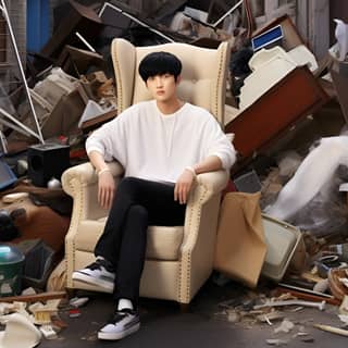 chani from sf9 sitting in a chair surrounded by garbage