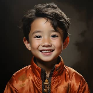 china boy eight years old smiling face small eyes red clothers