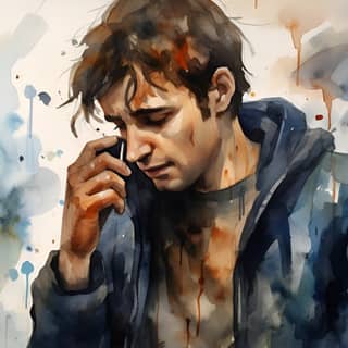 clean shaven guy talking on cell phone melancholy sad tears crying in the watercolor art style of Angela He