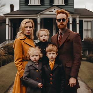 Famiglia di quattro persone davanti a una casa vittoriana nera in stile Wes Anderson.