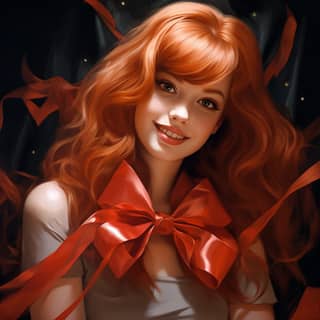 happy red head dressed in ribbon and holiday atire, red haired woman with a bow on her head
