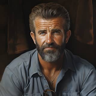 Retrato hiperrealista de Mel Gibson con café.