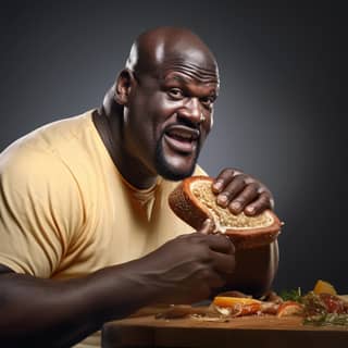 shaquille o'neal eating a sandwich His expression should be sad longingly looking over at a glass of lemonade just out of