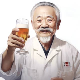 Affiche promotionnelle mettant en vedette un médecin vétéran en TCM tenant une tasse de bière artisanale dans le style de l'art de l'encre solaire du maître Zhang Da Qian, mettant l'accent sur l'expression faciale et les rayons du soleil qui brillent dessus.