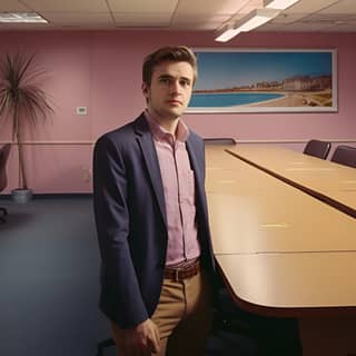 Um homem posando em uma sala de conferências no estilo do vencedor do concurso solarpunk.