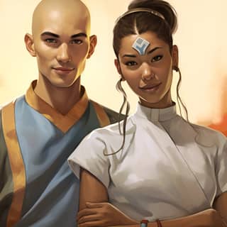 Avantgarde Korra und Aang als Krankenschwestern in einem erhebenden Ölgemälde dargestellt.