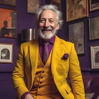 Un élégant gentleman d'âge mûr dans une tenue jaune avec une chemise violette, dégageant des vibrations professionnelles et insouciantes.