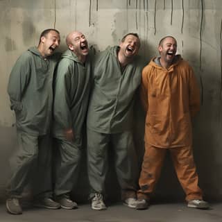 4 prisonners standing by a beton wall laughing, four men in orange jumpsuits laughing