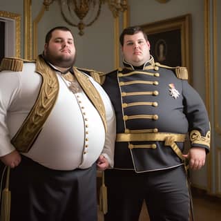 Deux jeunes hommes avec de gros ventres distendus et de solides carrures vêtus d'un uniforme avec des vestes boutonnées en or et des ceintures, sur fond de murs blancs.