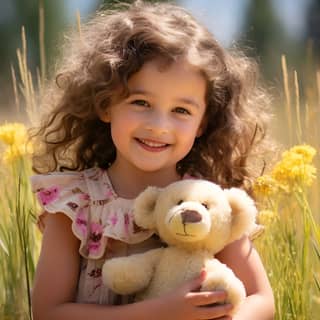 Create a heartwarming bright girl about six years old with curly hair and a joyful smile sitting in a sunlit meadow She's