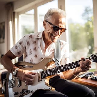 Un músico mayor tocando una guitarra eléctrica en su casa de lujo.