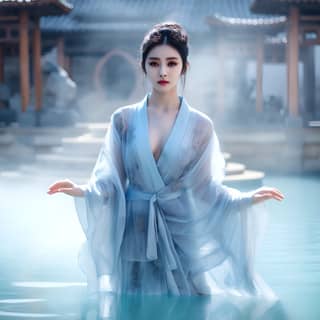Oriental female pure makeup translucent light blue gauze clothes slowly stand up from the hot spring pool unreal