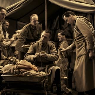 The image depicts a scene from the second World War showing a group of medics attending to wounded soldiers The sepia toned