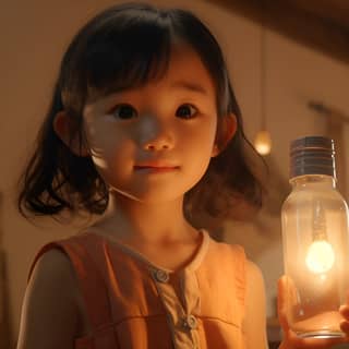 The little Asian girl shyly handed over a bottle of water the scene at home the warm environment Surreal Unreal Engine 5 2