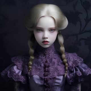 Une poupée en porcelaine effrayante mais belle avec de longs cheveux blonds et une robe violette.