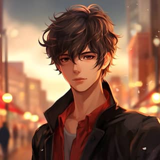 Chico anime guapo con cabello negro y camisa roja de pie en la calle de la ciudad.