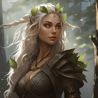 https://s mj female elf druid with blonde hair, woman with long white hair and green leaves on her head