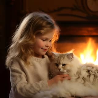 mettre l image dans le contexte d un salon, a little girl sitting on a couch with a cat by the fireplace