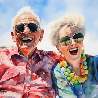 An elderly couple with intricate expressions and hand gestures enjoying a seaside vacation in soft sunlight vibrant colors