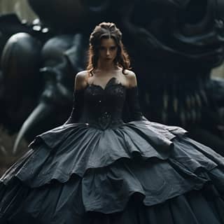 Full body shot female punisher wearing a very big and wide ballgown (gone with the wind style ) in a forest fighting with