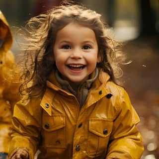 Happy smiling children in yellow raincoat and rain boots running in puddle an autumn walk