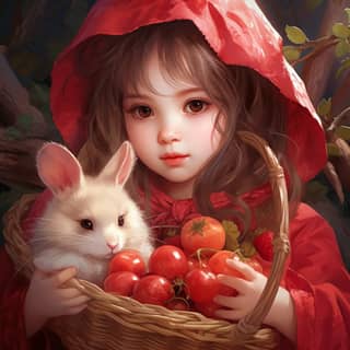 Rosy cheeks large eyes long and silky hair dressed in a bright red cloak Innocent and curious Carrying a basket filled with