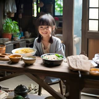 The scene is set in the kitchen of a traditional Taiwanese courtyard house there is a 10 years old Taiwanese girl with