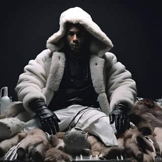 black male surgeon laying down portrait with fur coat on hood by air campaign yeezy season 5 grills on teeth showing moncler