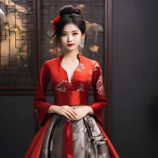 chinese girl wear suit beautiful dress for the show and she feels confidently and prepare for the sing front view