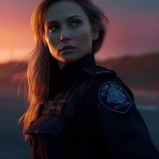 cinematic still action film by james cameron a russian cop is wearing woman shoes dramatic color grading sunset 30 mm lens aw