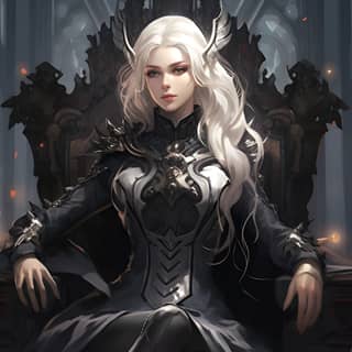 fantasy adult female dark militaristic queen white hair silver eyes amused expression sitting on a throne