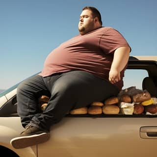 Un hombre con sobrepeso se sienta en un coche lleno de comida.