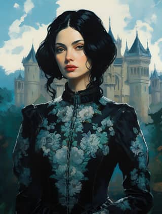 Uma bela vampira em um vestido preto com flores no cabelo, usando um traje do leste europeu em frente a um castelo místico.